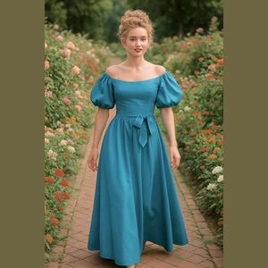 70s TEAL BLUE TAFFETA OFF SHOULDER SCOOP NECK MAXI DRESS W SASH BRIDAL PROM SZ M